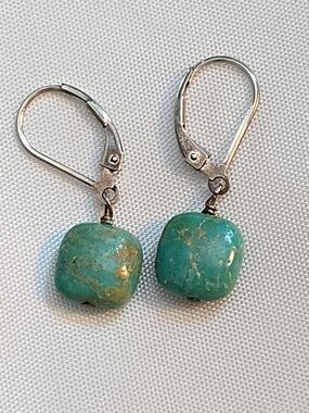 Turquoise Drop Earrings - Teal Green Genuine Stone 925 Dangle Earrings
